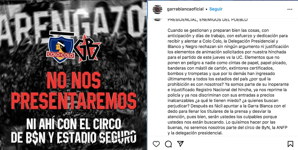 Comunicado de la Garra Blanca respecto al arengazo.