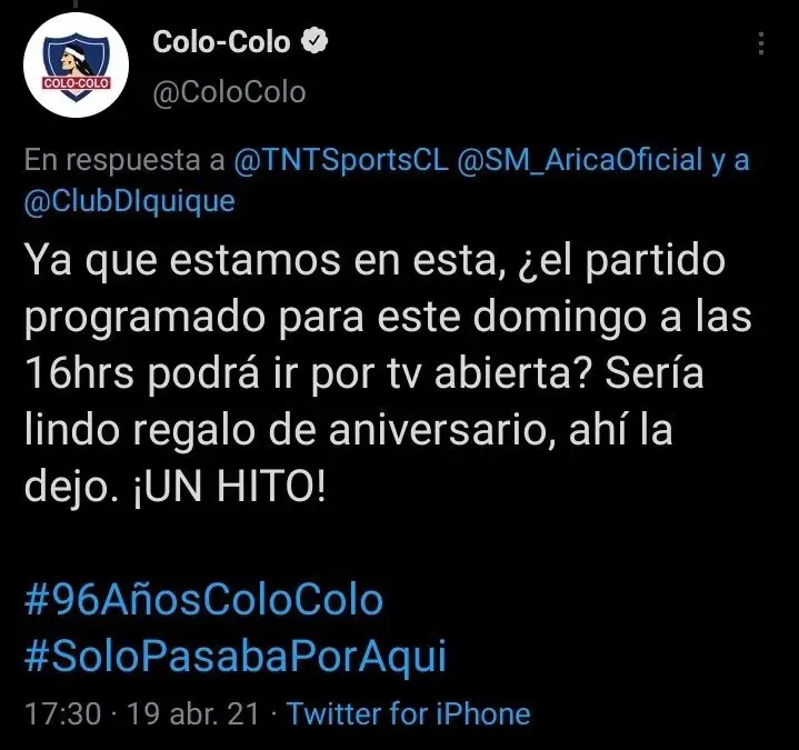Tweet subido por @ColoColo, y posteriormente borrado