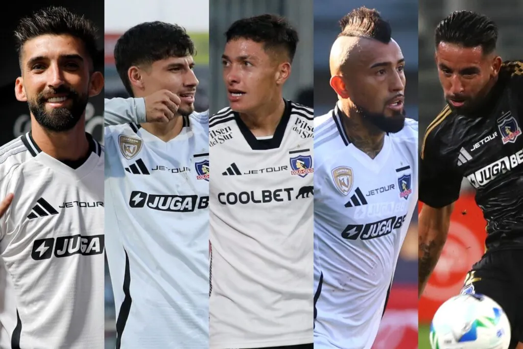 Emiliano Amor, Alexander Oroz, Cristián Zavala, Arturo Vidal y Mauricio Isla con la camiseta de Colo-Colo.