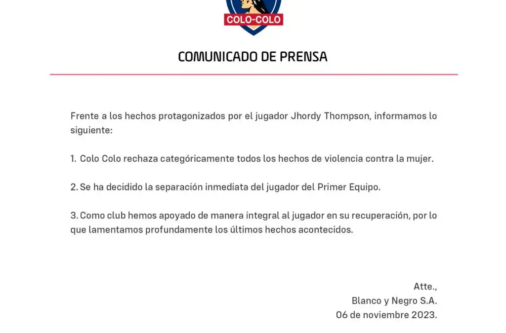 Comunicado de Colo-Colo sobre Jordhy Thompson.