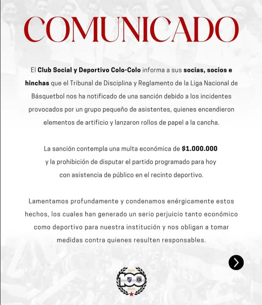 Club Social y Deportivo Colo-Colo confirma castigo para el plantel de Básquetbol.
