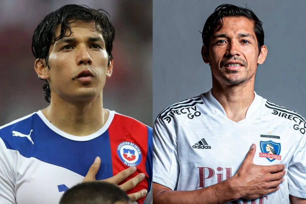 Primer plano a Matías Fernández con la mano en el pecho con camiseta de la Selección Chilena y Colo-Colo.