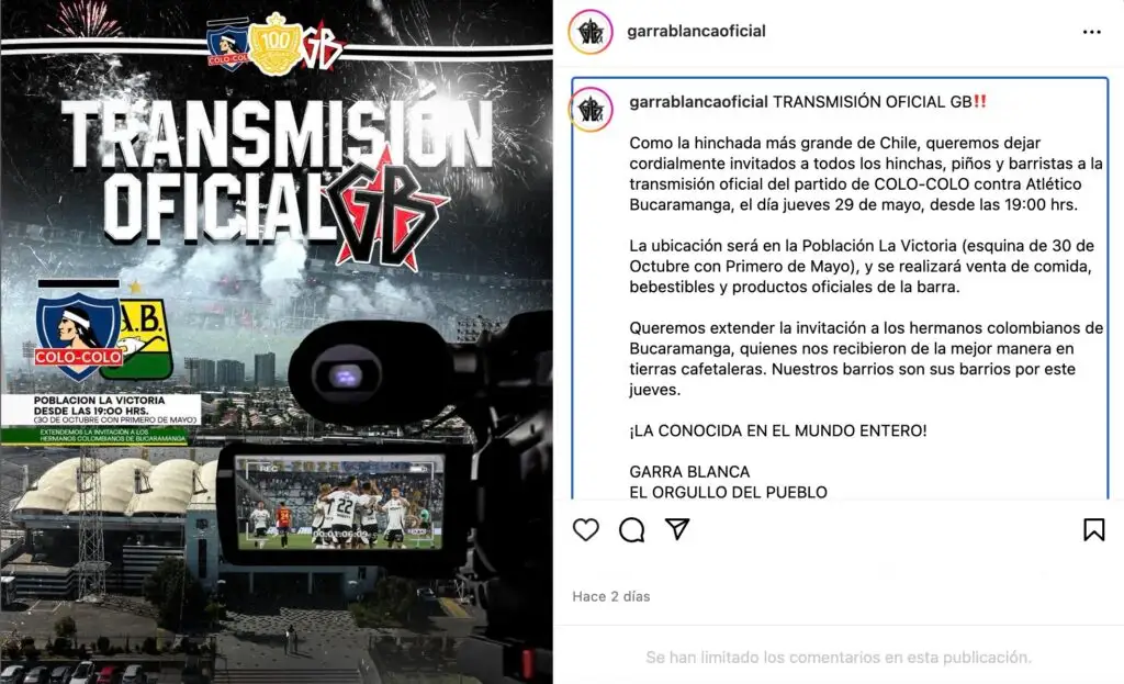 Invitación de la Garra Blanca para ver el duelo de Colo-Colo y Atlético Bucaramanga.