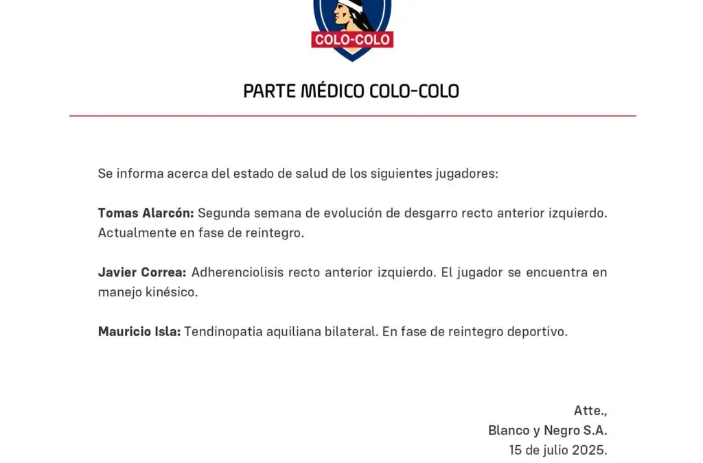 Parte médico confirma tres lesiones en Colo-Colo.