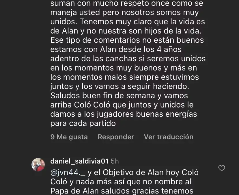Captura de pantalla sobre respuesta de Daniel Saldivia a hincha de Colo-Colo.