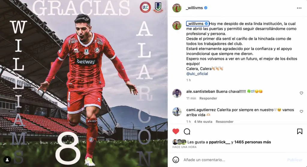 Williams Alarcón se despidió de Unión La Calera.