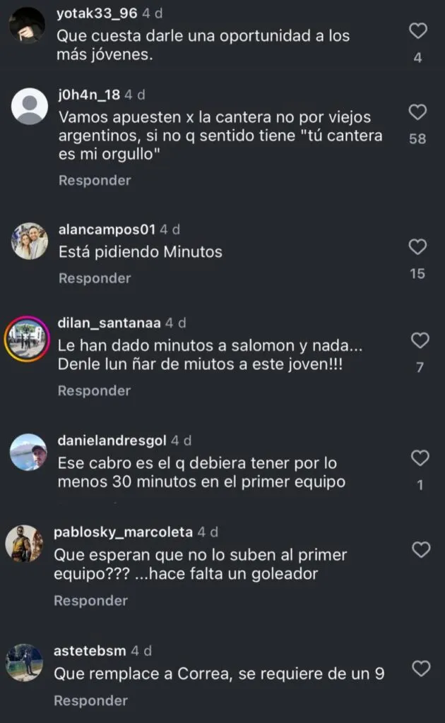 Comentarios de hinchas de Colo-Colo en Instagram pidiendo minutos para Yastin Cuevas.