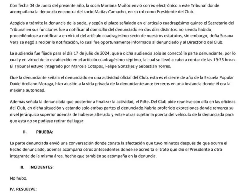 Fallo del Tribunal de Ética del Club Social y Deportivo Colo-Colo sobre acusación contra Matías Camacho.