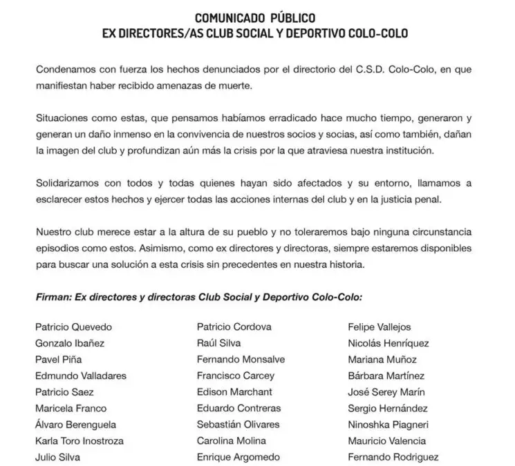 Comunicado ex directores del Club Social y Deportivo Colo-Colo.