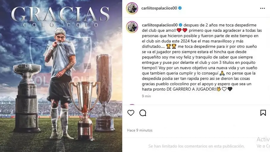 Publicación de Carlos Palacios despidiéndose de Colo-Colo.
