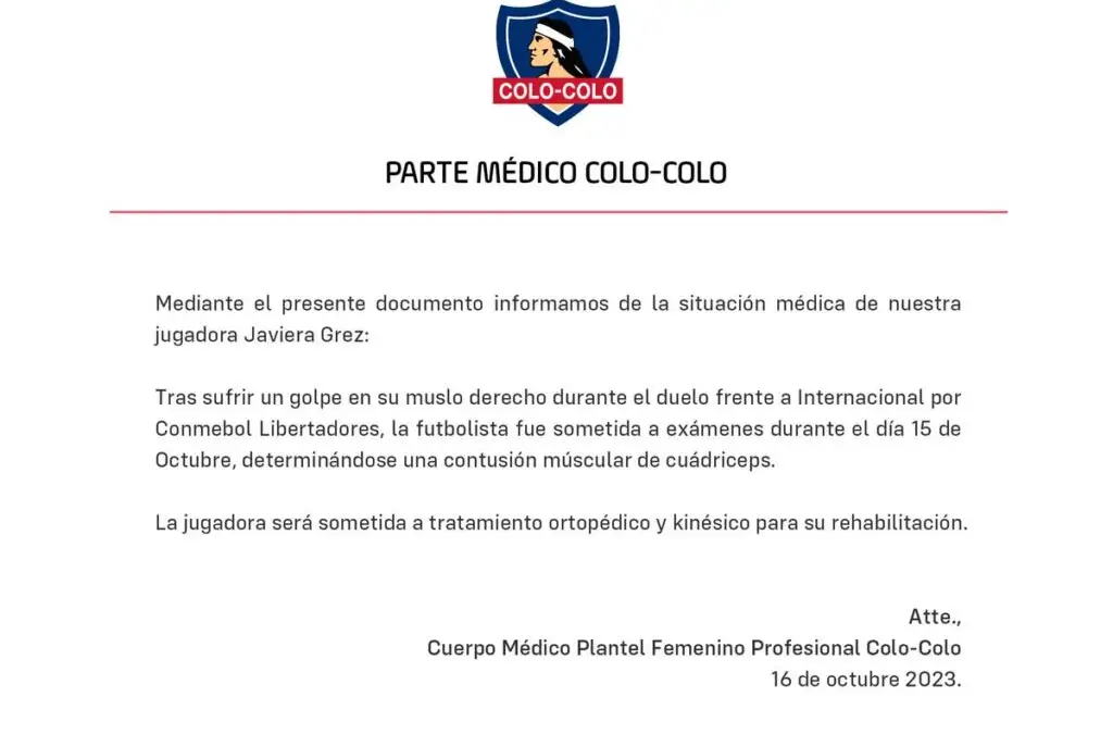 Parte médico de Javiera Grez entregado por Colo-Colo.