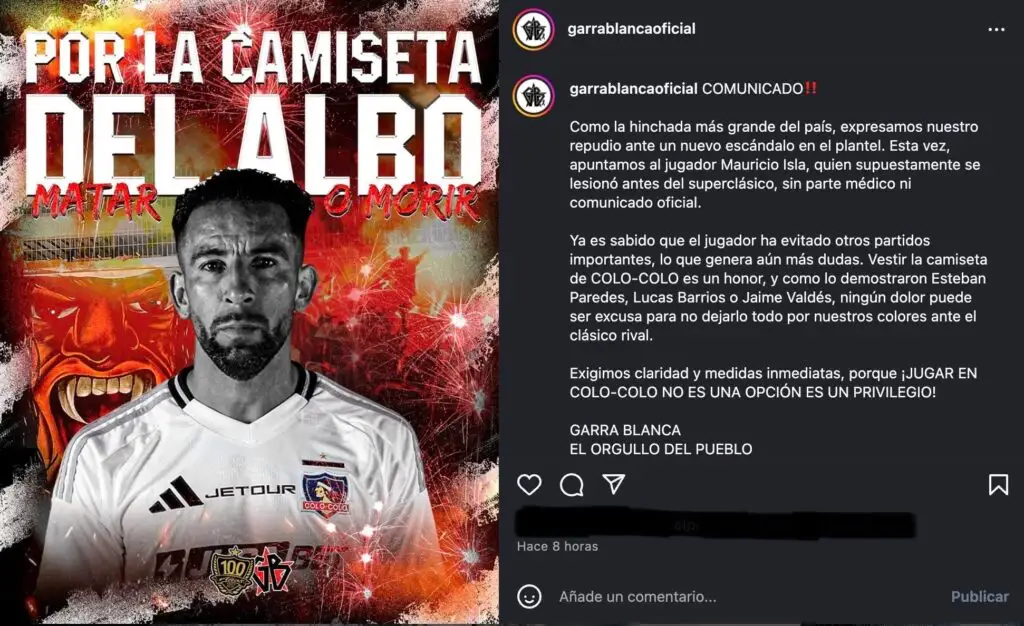 La Garra Blanca lanzó un duro comunicado contra Mauricio Isla.