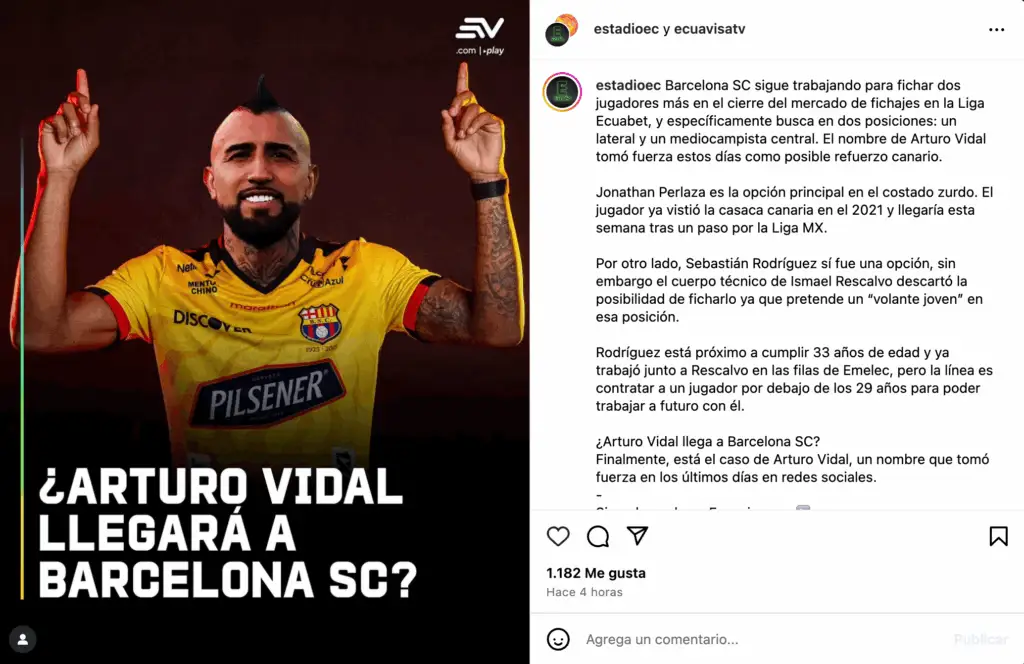 Desde Ecuador afirman que el Barcelona SC estaría tras los pasos de Arturo Vidal.