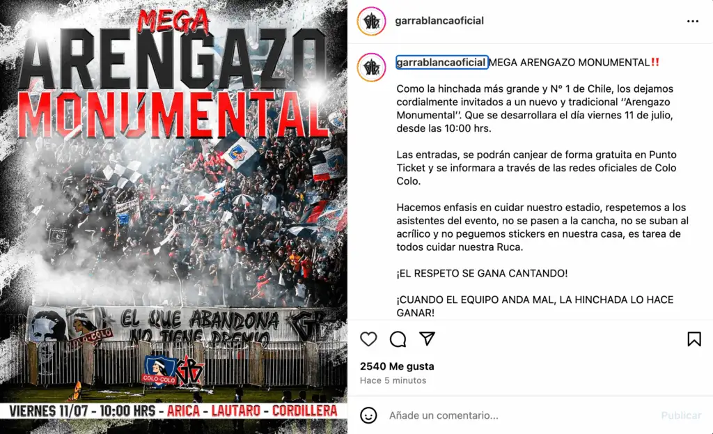 La Garra Blanca llamó a un nuevo Arengazo previo al Superclásico entre Colo-Colo y la U.