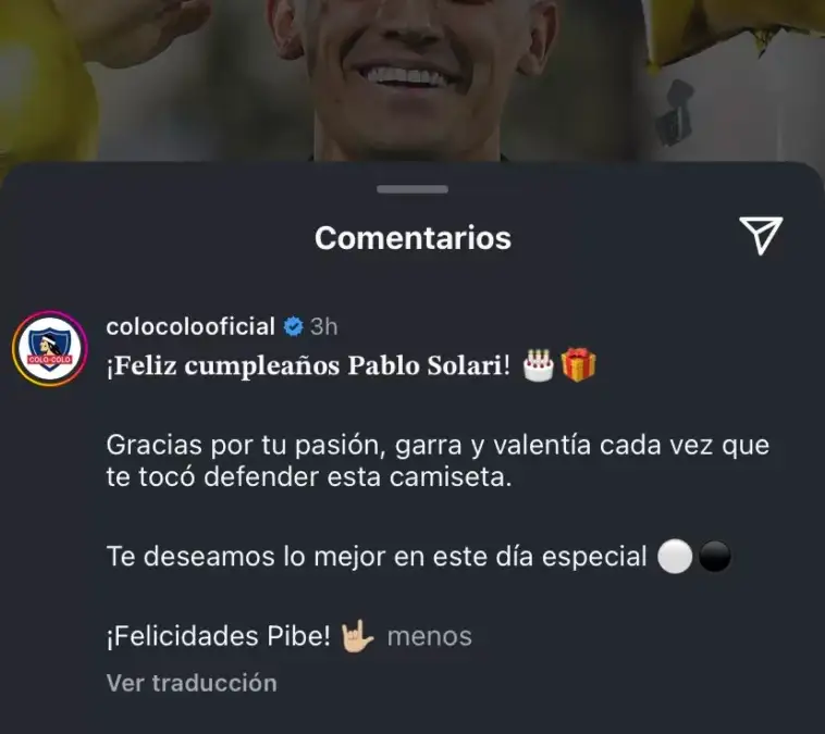 Pantallazo de la respuesta de Pablo Solari a Colo-Colo en Instagram.