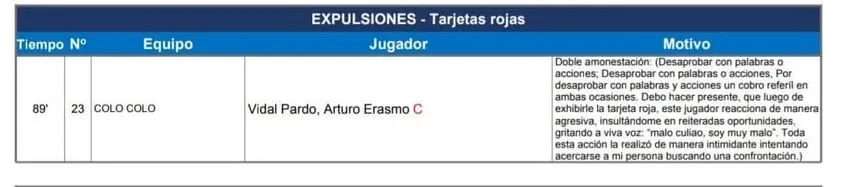 Informe árbitro Véjar que expone a Vidal.