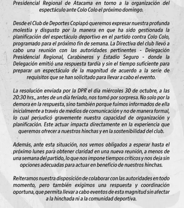 Comunicado de Deportes Copiapó.
