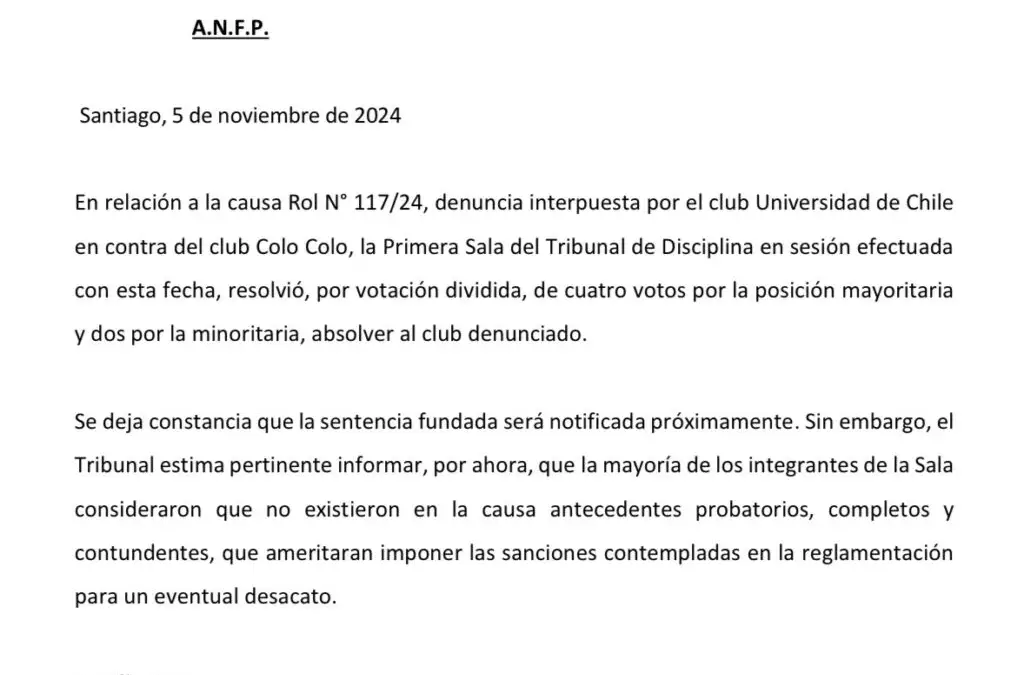 Tribunal de Disciplina falló a favor de Colo-Colo.