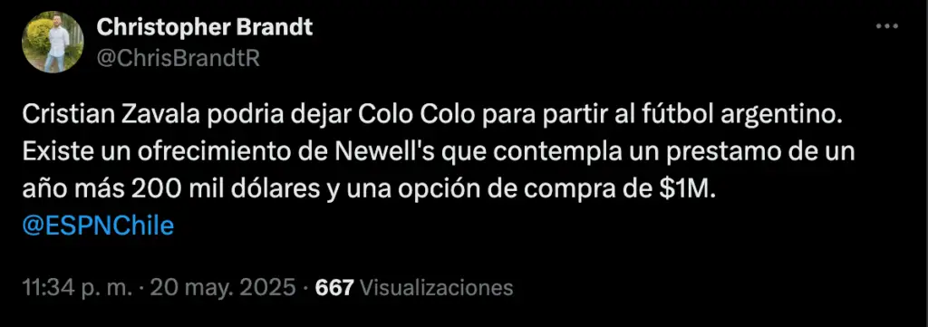 Cristián Zavala podría dejar Colo-Colo para partir a Newell’s Old Boys de Argentina.
