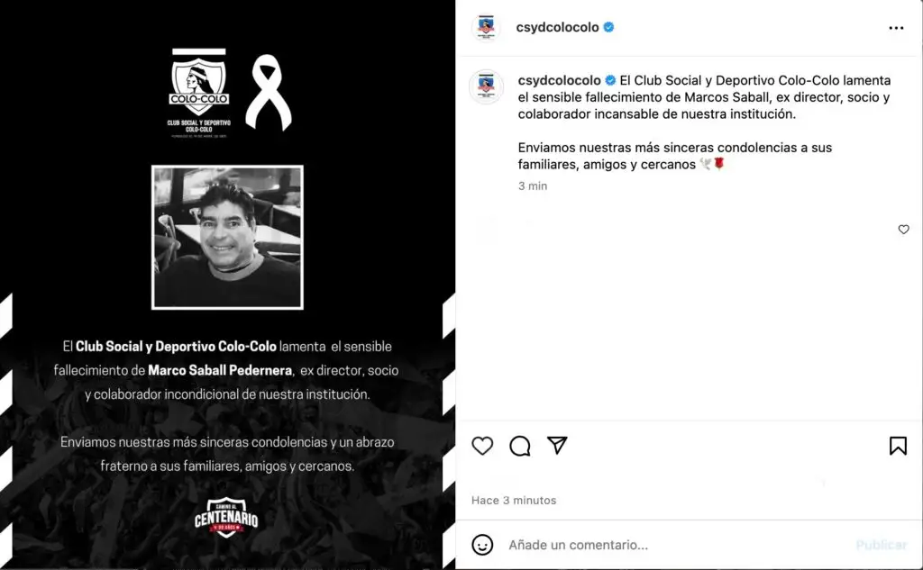 El CSD Colo-Colo informó el fallecimiento de Marco Saball.