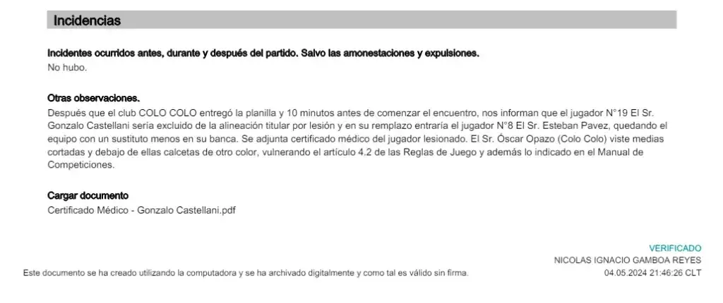Informe arbitral de Nicolás Gamboa.