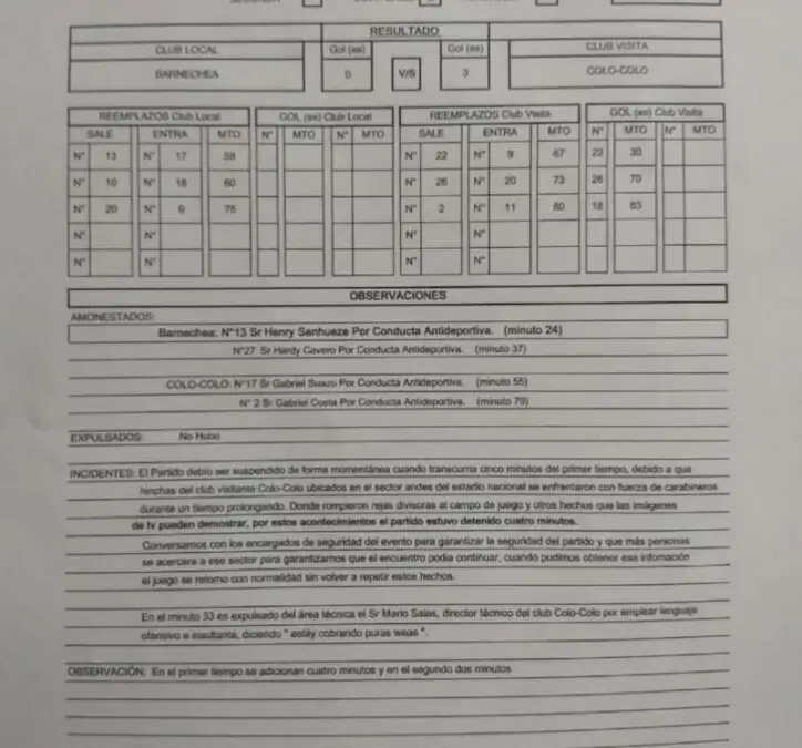 Informe arbitral de José Cabero en el partido de Barnechea y Colo-Colo