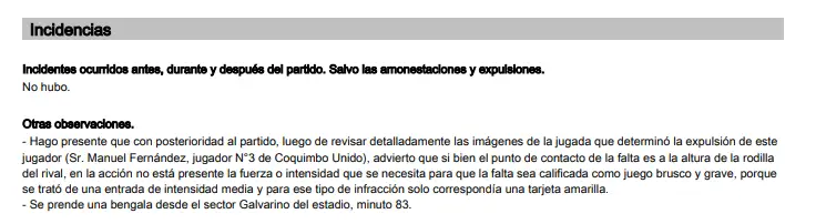 Observación de José Cabero en su informe arbitral del duelo entre Colo-Colo y Coquimbo Unido.