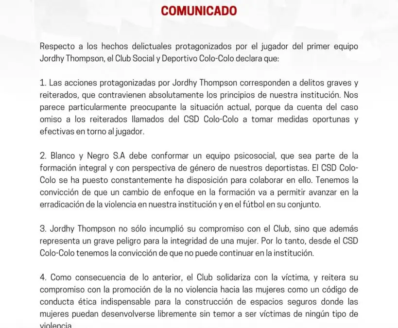 Comunicado del Club Social y Deportivo Colo-Colo sobre el caso de Jordhy Thompson.