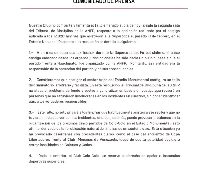 Comunicado de Blanco y Negro por castigo del TribUnal de Penalidades de la ANFP.