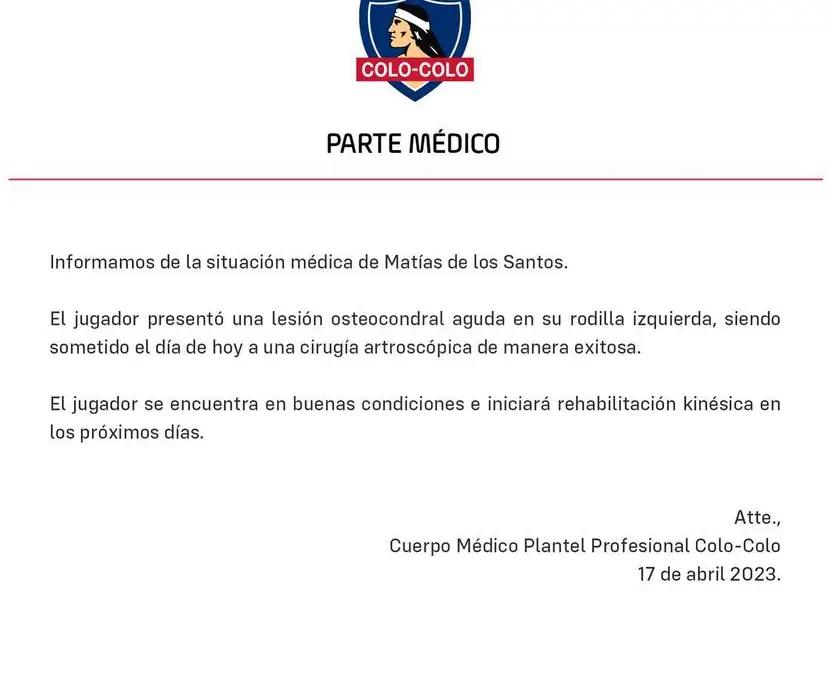 Parte médico de Matías de los Santos.