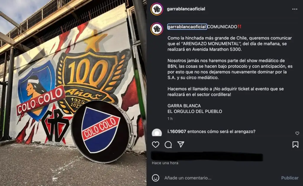 En la Garra Blanca cargaron contra Blanco y Negro por el Arengazo a Colo-Colo.
