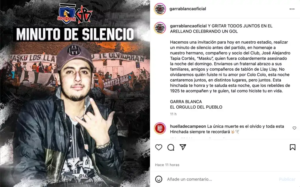 Pantallazo de publicación realizada por la Garra Blanca.