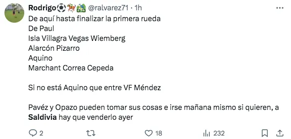 Hinchas piden la salida de Alan Saldivia.