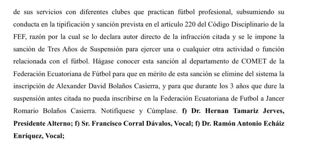 Documento de la FEF sobre castigo a Alexander Bolaños.