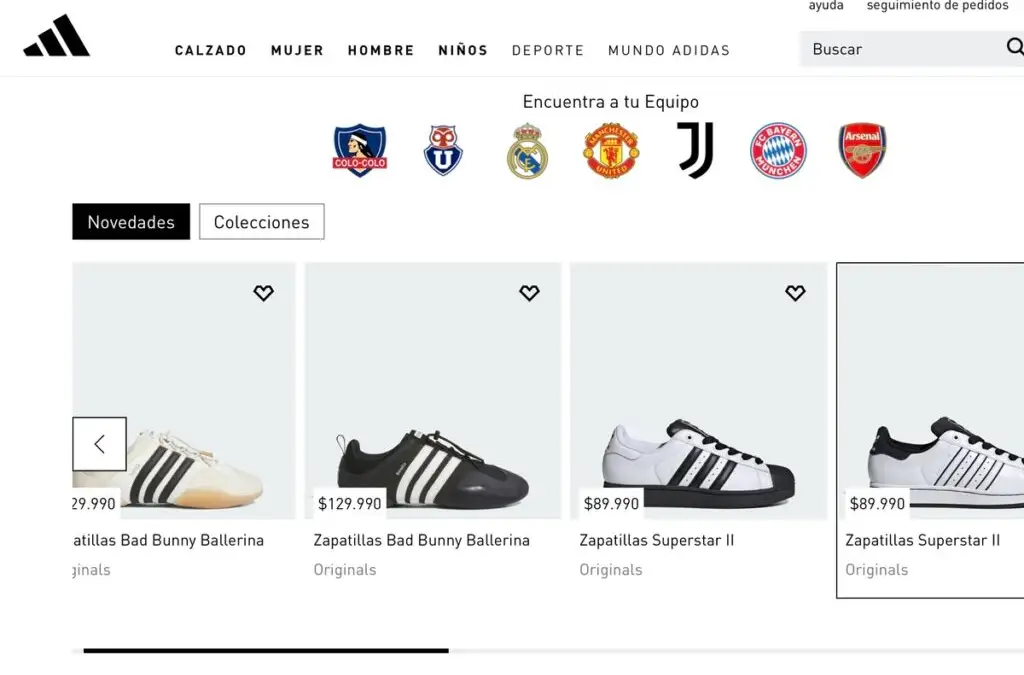 Así se puede apreciar la página web de Adidas Chile, donde sólo se puede ver material del Cacique haciendo click en la insignia.