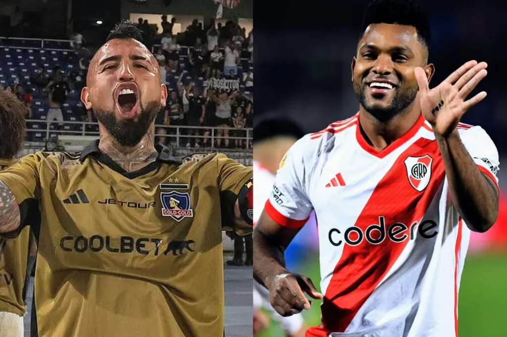 Primer plano a Arturo Vidal y Miguel Borja con camisetas de Colo-Colo y River Plate.