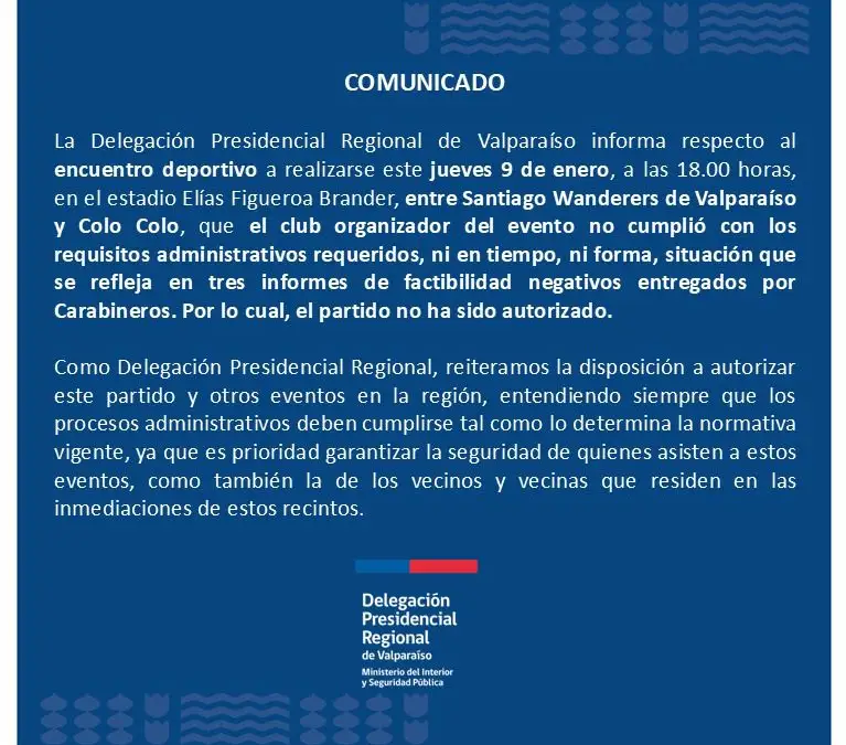 Comunicado oficial de la Delegación Presidencial Regional de Valparaíso.