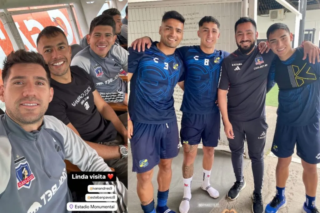 Iván Morales junto a César Fuentes y Esteban Pavez en el banco de suplentes de Colo-Colo y  Felipe Campos, Bryan Soto y Joan Cruz junto a Roberto Neculhual en el Estadio Monumental.