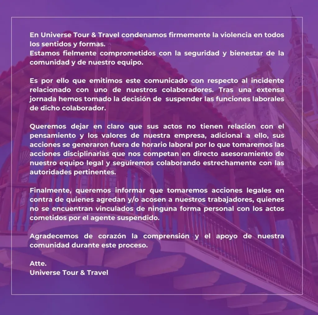 Comunicado de Universe Tours & Travel Chile por la agresión de uno de sus trabajadores a un niño en el Estadio Monumental.