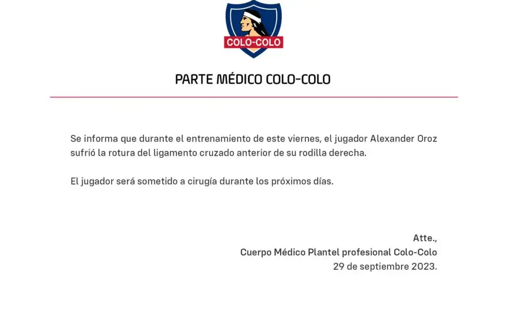 Comunicado de Colo-Colo sobre lesión de Alexander Oroz.