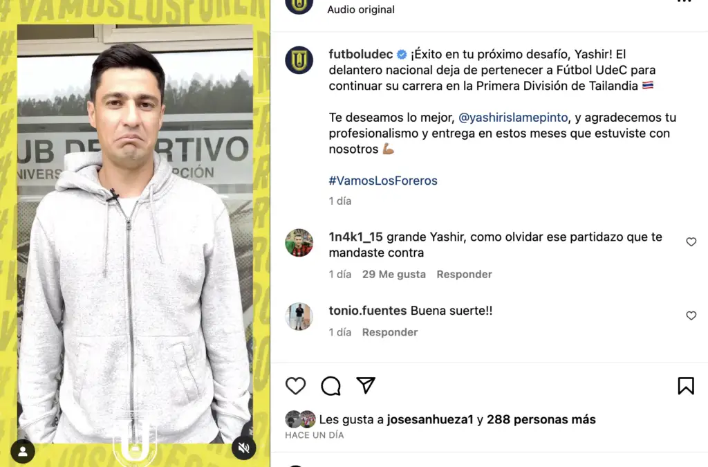Captura de pantalla despedida de Universidad de Concepción a Yashir Islame Pinto.