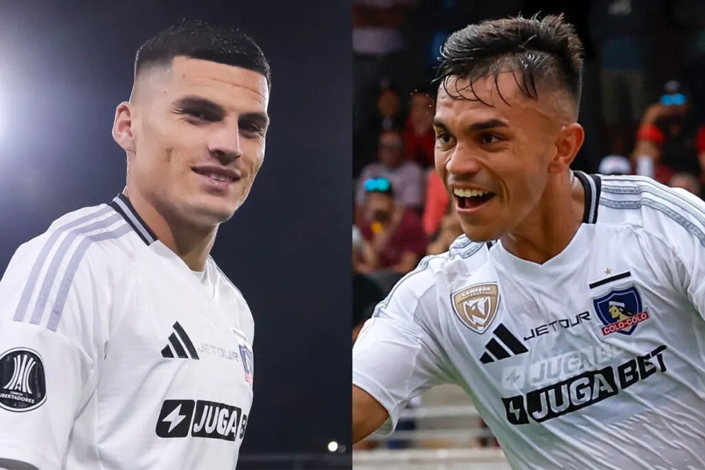 Primer plano de Lucas Cepeda y Vicente Pizarro con la camiseta de Colo-Colo.