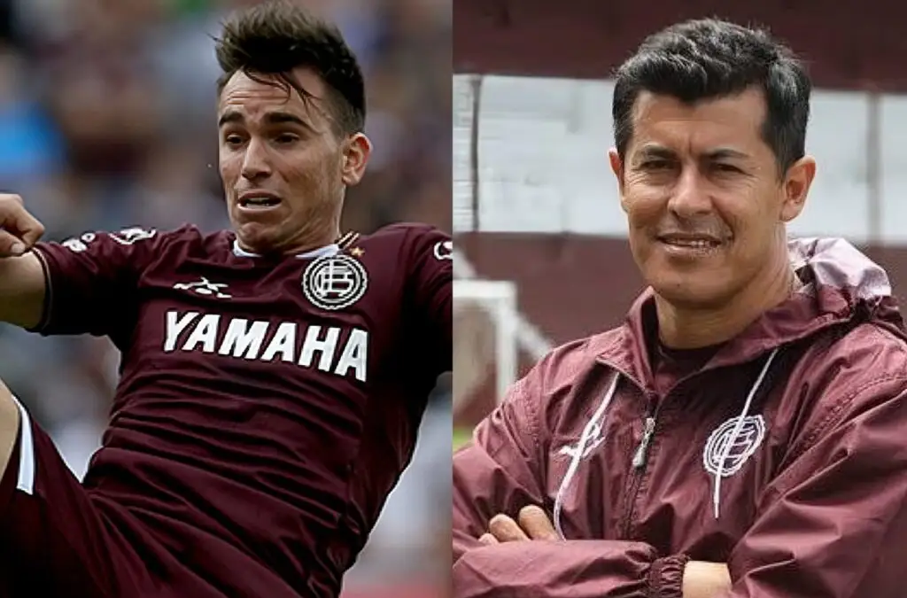 Pablo Mouche y Jorge Almirón con indumentaria de Lanús.
