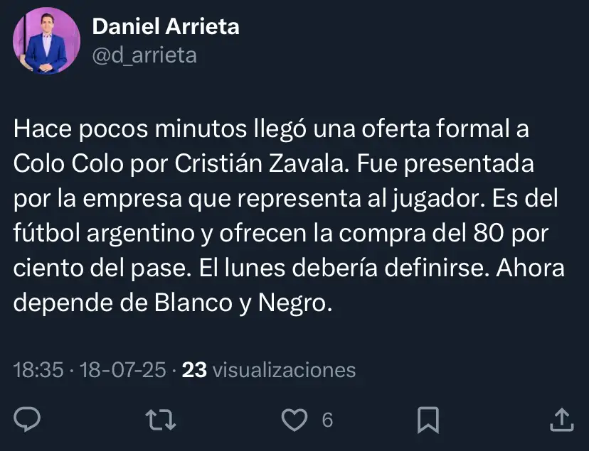 Daniel Arrieta afirmó que Colo-Colo recibió una oferta formal por Cristián Zavala.