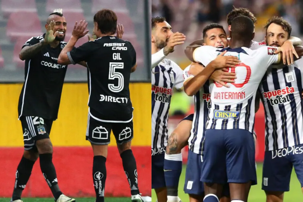 Primer plano a jugadores de Colo-Colo y Alianza Lima celebrando un gol.