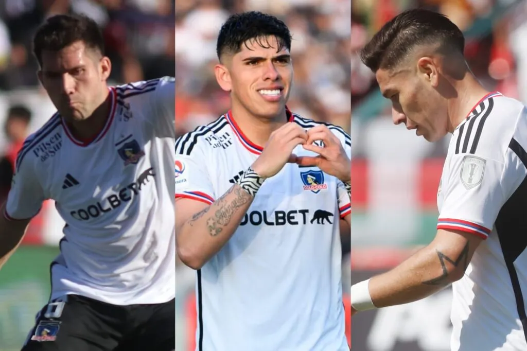 Primer plano a César Fuentes, Carlos Palacios y Óscar Opazo con la camiseta de Colo-Colo.