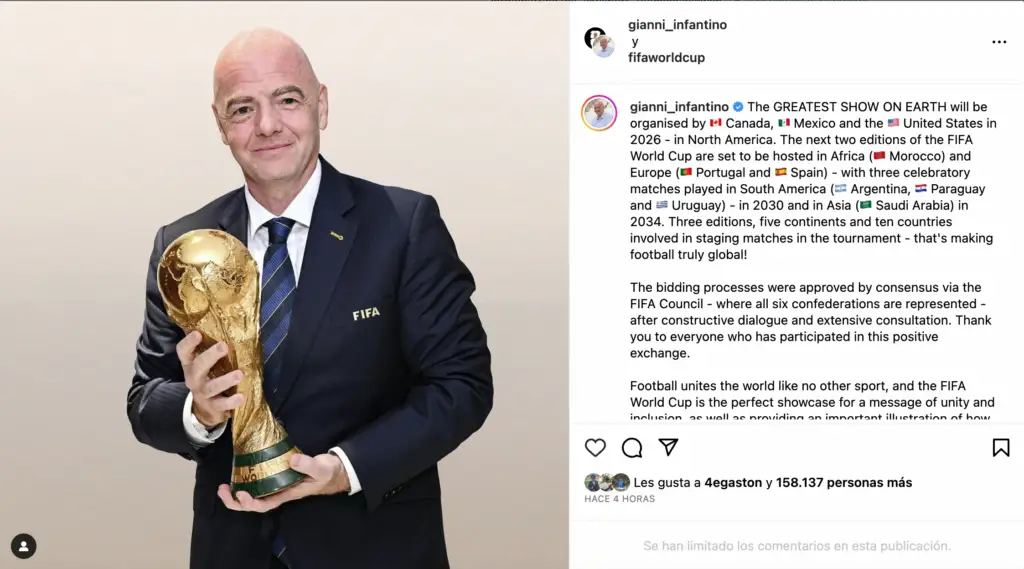 Gianni Infantino confirmó a Arabia Saudita como organizador de la Copa Mundial de 2034.