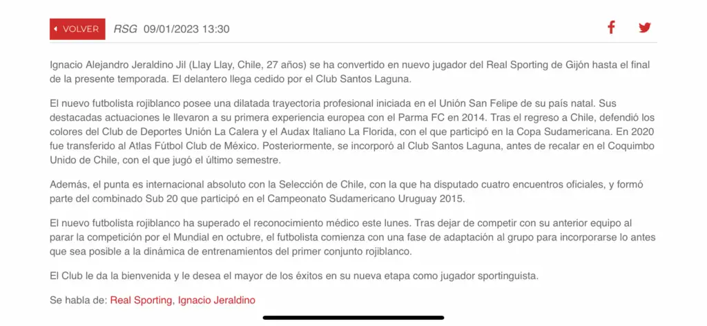 Comunicado de prensa que indica la contratación de Ignacio Jeraldino en Sporting de Gijón.