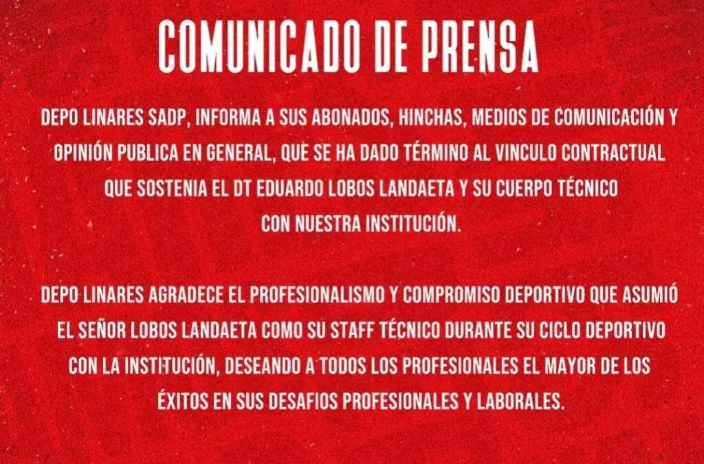 Comunicado de prensa de Deportes Linares sobre desvinculación de Eduardo Lobos.