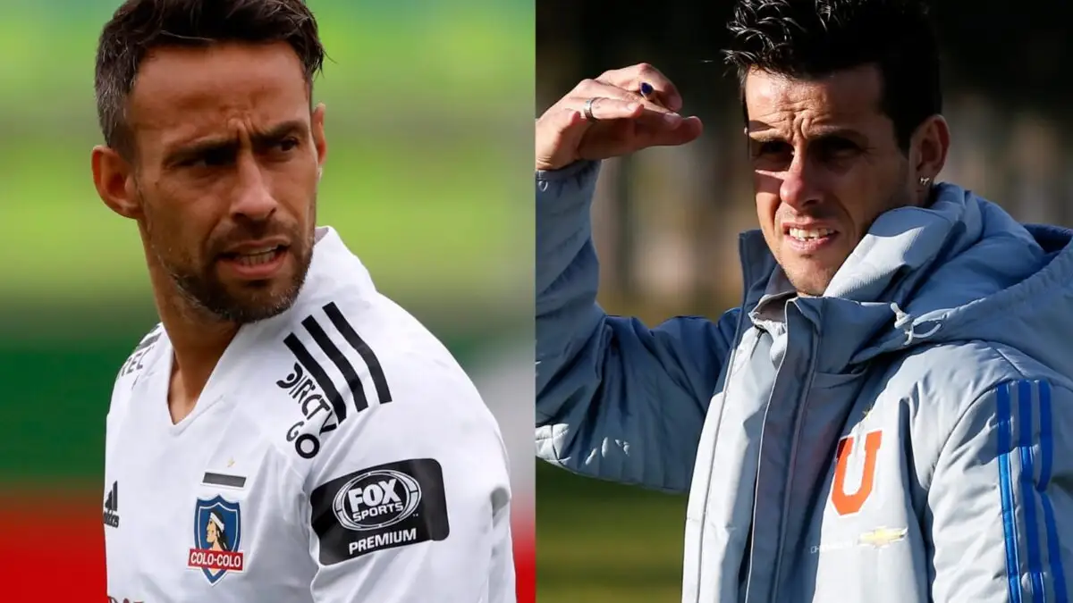 Jorge Valdivia y Diego Rivarola con indumentaria de Colo-Colo y Universidad de Chile.